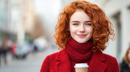 Smiling woman with curly red hair wearing a red sweater and holding a coffee cupの素材