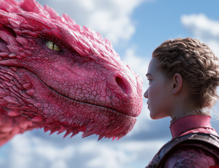 young person interacting with a large red dragonの素材