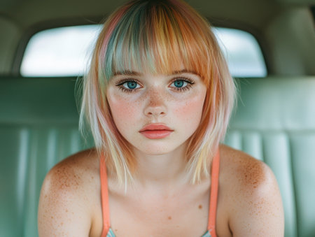 Vibrant portrait of a young woman with colorful dyed hairの素材