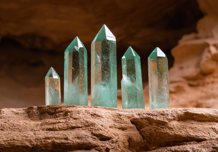 Vibrant green quartz crystals on rocky surfaceの素材