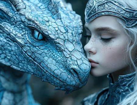 Mystical dragon and woman in fantasy worldの素材