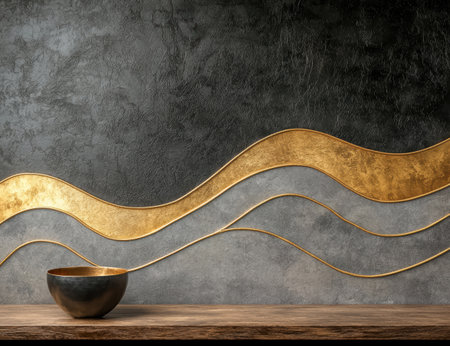 abstract wavy gold lines on dark concrete background with ceramic bowlの素材