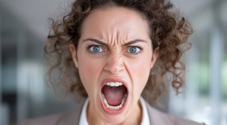 angry woman shouting with intense facial expressionの素材