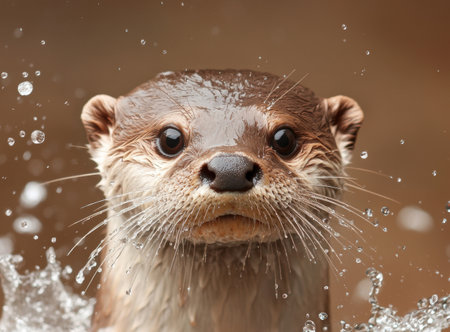 Closeup of a wet otter with water dropletsの素材