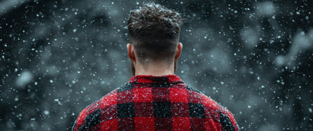 Man in red and black plaid shirt standing in the snowの素材