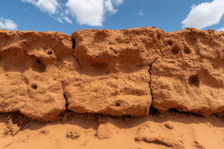 Cracked earth and rocky terrain under a blue skyの素材