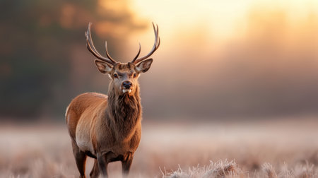 majestic deer standing in field at sunsetの素材