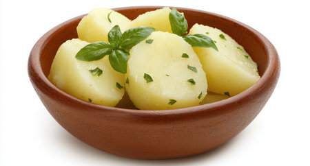 Boiled potatoes with fresh basil leavesの素材