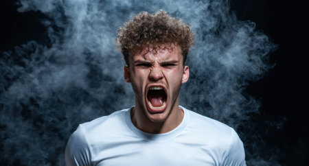 Angry young man shouting with smoke around himの素材