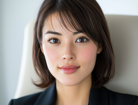 close-up portrait of a young asian woman with dark hairの素材