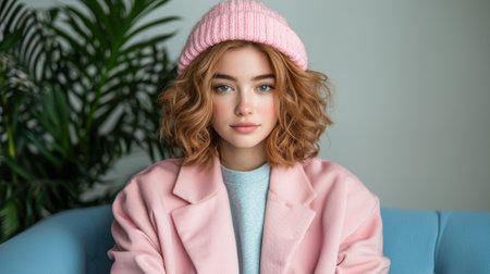 young woman in pink hat and coatの素材