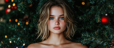 Festive portrait of a young woman in front of a christmas treeの素材