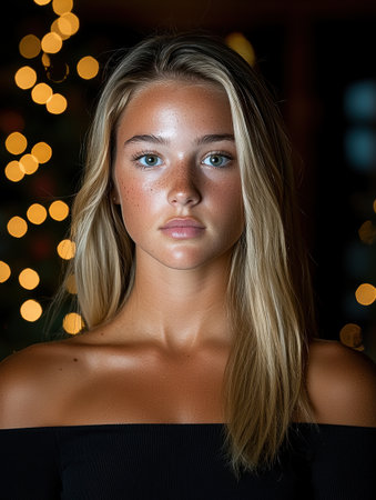 Pensive young woman with blonde hair and frecklesの素材