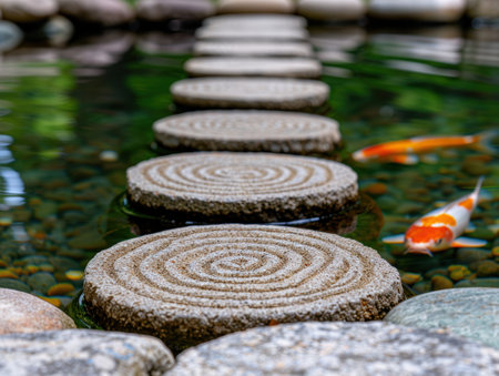 Tranquil zen garden with stepping stones and koi fishの素材