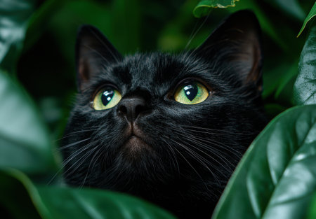 Curious black cat peering through green leavesの素材