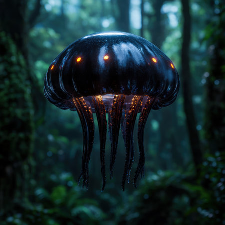 Glowing jellyfish in a dark forestの素材