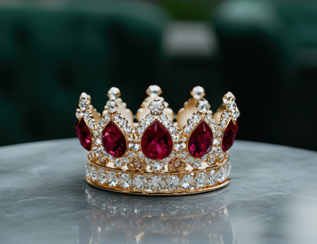 Ornate golden crown with red jewelsの素材