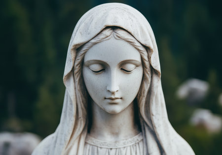 Serene marble statue of a hooded figure with a pensive expressionの素材
