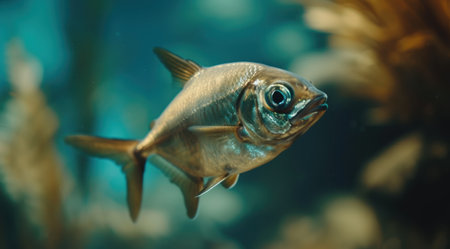 close-up of a golden fish swimming in a turquoise aquariumの素材