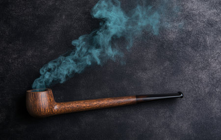 Wooden smoking pipe with blue smokeの素材