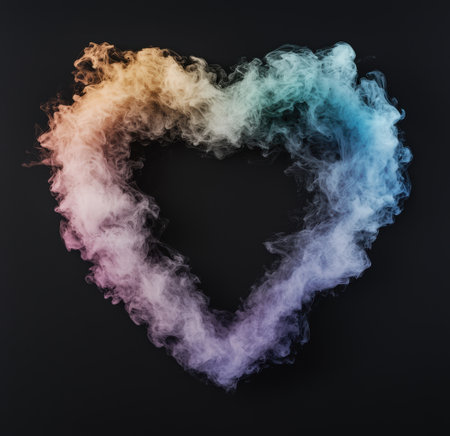 Colorful smoke heart shape on black backgroundの素材