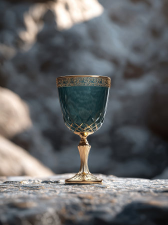 Elegant crystal glass with golden trim on a stone surfaceの素材