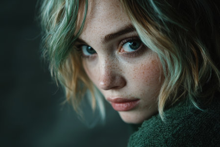 Thoughtful young woman with dyed hairの素材