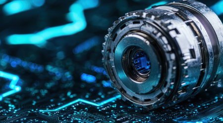 Close-up of a high-tech camera lens on a futuristic circuit boardの素材