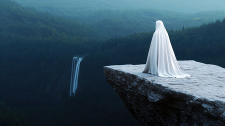 Mysterious figure overlooking a dramatic waterfallの素材