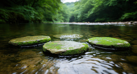 Serene moss-covered rocks in a tranquil forest streamの素材