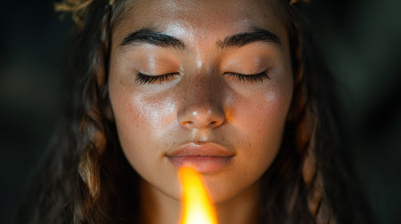Closeup portrait of a young woman with eyes closedの素材