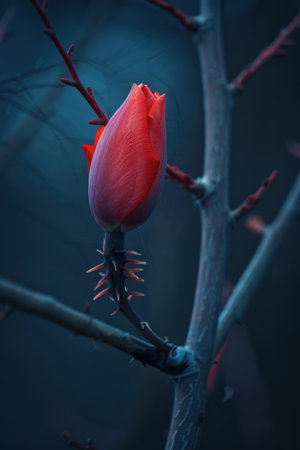 Vibrant red tulip bud with thornsの素材