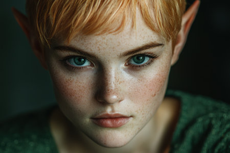 Piercing green eyes of a young person with frecklesの素材