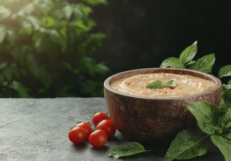 Healthy homemade hummus in a wooden bowl with fresh basil and cherry tomatoesの素材