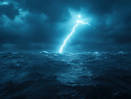 Dramatic lightning storm over rough oceanの素材