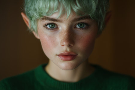 close-up portrait of a young person with green hair and frecklesの素材