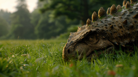 Close-up of a scaly reptilian creature in a lush green fieldの素材