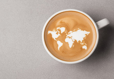 world map latte art in coffee cupの素材