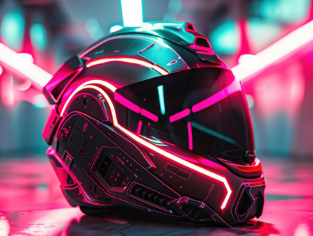 Futuristic motorcycle helmet with neon lightsの素材