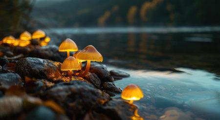 Glowing mushrooms by a serene streamの素材