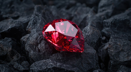 Vibrant ruby gemstone on dark rocksの素材