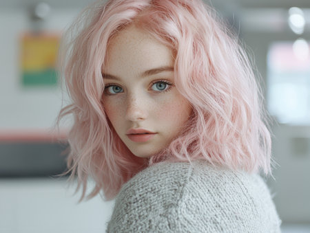portrait of a young woman with pink hairの素材