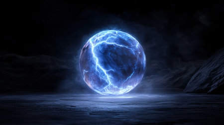 Glowing energy sphere in dark landscapeの素材