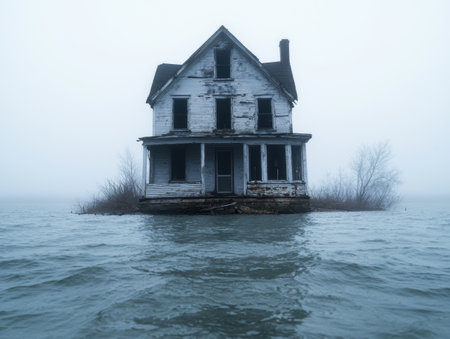 Abandoned house in the middle of a lakeの素材
