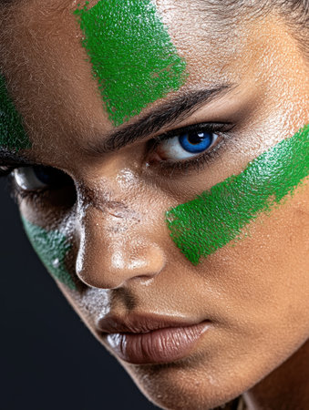 close-up portrait of person with green face paintの素材