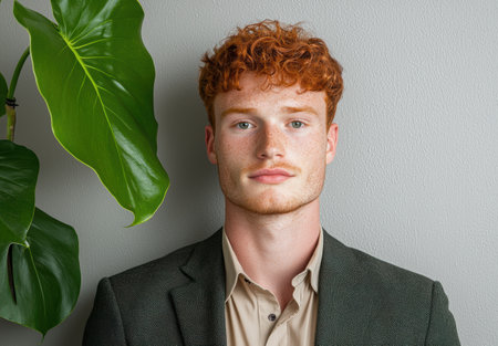 young man with curly red hair and freckles in a suitの素材