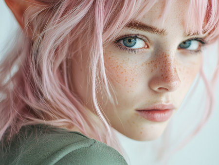 close-up portrait of a woman with pink hairの素材