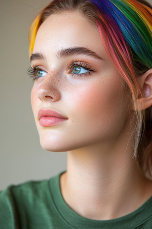 Colorful portrait of a young woman with vibrant hairの素材