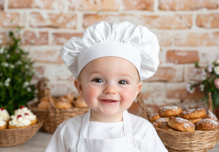 smiling baby chef in kitchenの素材