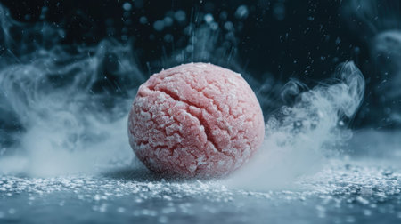 Frozen pink ice cream scoop in winter snowstormの素材